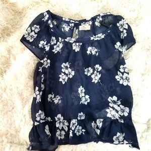 Beautiful Hollister Peplum Swing Floral Top Navy White Semi Sheer Crepe Size Sm